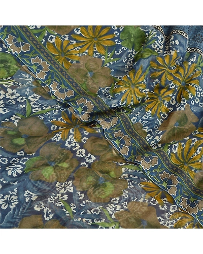 Sanskriti Vintage Blue Saree Georgette Printed Sari 5 Yard Floral Craft Fabric, PRG-8110-Blue-Printed Floral Design-Georgette-1