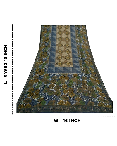 Sanskriti Vintage Blue Saree Georgette Printed Sari 5 Yard Floral Craft Fabric, PRG-8110-Blue-Printed Floral Design-Georgette-3