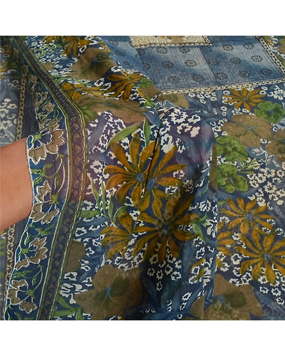 Sanskriti Vintage Blue Saree Georgette Printed Sari 5 Yard Floral Craft Fabric, PRG-8110-Blue-Printed Floral Design-Georgette-4