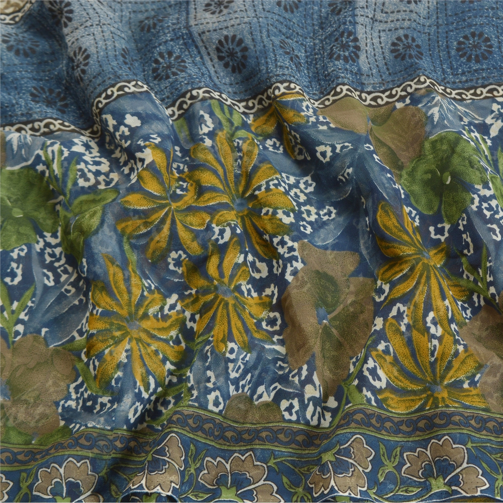 Sanskriti Vintage Blue Saree Georgette Printed Sari 5 Yard Floral Craft Fabric, PRG-8110-Blue-Printed Floral Design-Georgette-6