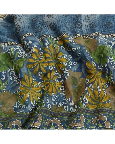 Sanskriti Vintage Blue Saree Georgette Printed Sari 5 Yard Floral Craft Fabric, PRG-8110-Blue-Printed Floral Design-Georgette-6