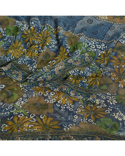 Sanskriti Vintage Blue Saree Georgette Printed Sari 5 Yard Floral Craft Fabric, PRG-8110-Blue-Printed Floral Design-Georgette-7