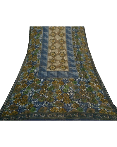 Sanskriti Vintage Blue Saree Georgette Printed Sari 5 Yard Floral Craft Fabric, PRG-8110-Blue-Printed Floral Design-Georgette-8