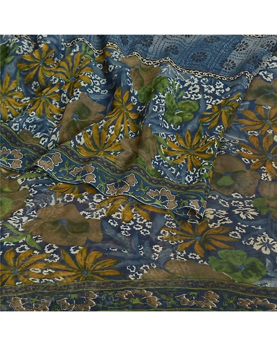 Sanskriti Vintage Blue Saree Georgette Printed Sari 5 Yard Floral Craft Fabric, PRG-8110-Blue-Printed Floral Design-Georgette-9