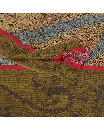 Sanskriti Vintage Indian Sarees Pure Georgette Silk Printed Sari Craft Fabric, PRG-8154-Multi-Printed Floral Design-Pure Georgette Silk-7