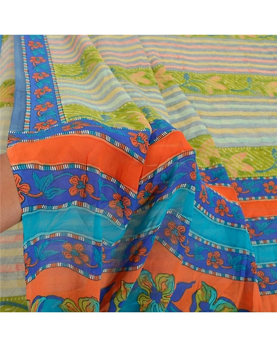Sanskriti Vintage Indian Sarees Pure Georgette Silk Printed Sari Craft Fabric, PRG-8162-Multi-Printed Floral Design-Pure Georgette Silk-4