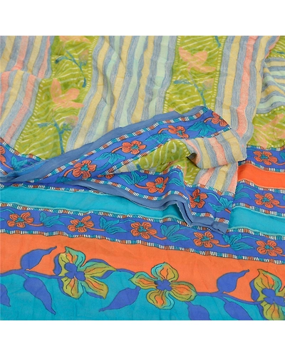 Sanskriti Vintage Indian Sarees Pure Georgette Silk Printed Sari Craft Fabric, PRG-8162-Multi-Printed Floral Design-Pure Georgette Silk-7
