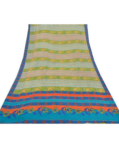 Sanskriti Vintage Indian Sarees Pure Georgette Silk Printed Sari Craft Fabric, PRG-8162-Multi-Printed Floral Design-Pure Georgette Silk-8