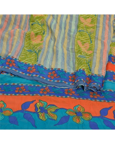 Sanskriti Vintage Indian Sarees Pure Georgette Silk Printed Sari Craft Fabric, PRG-8162-Multi-Printed Floral Design-Pure Georgette Silk-9