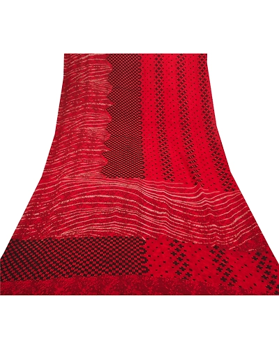 Sanskriti Vintage Red Indian Sarees Pure Georgette Silk Printed Sari 5 Yd Fabric, PRG-8170-Red-Printed Floral Design-Pure Georgette Silk-8