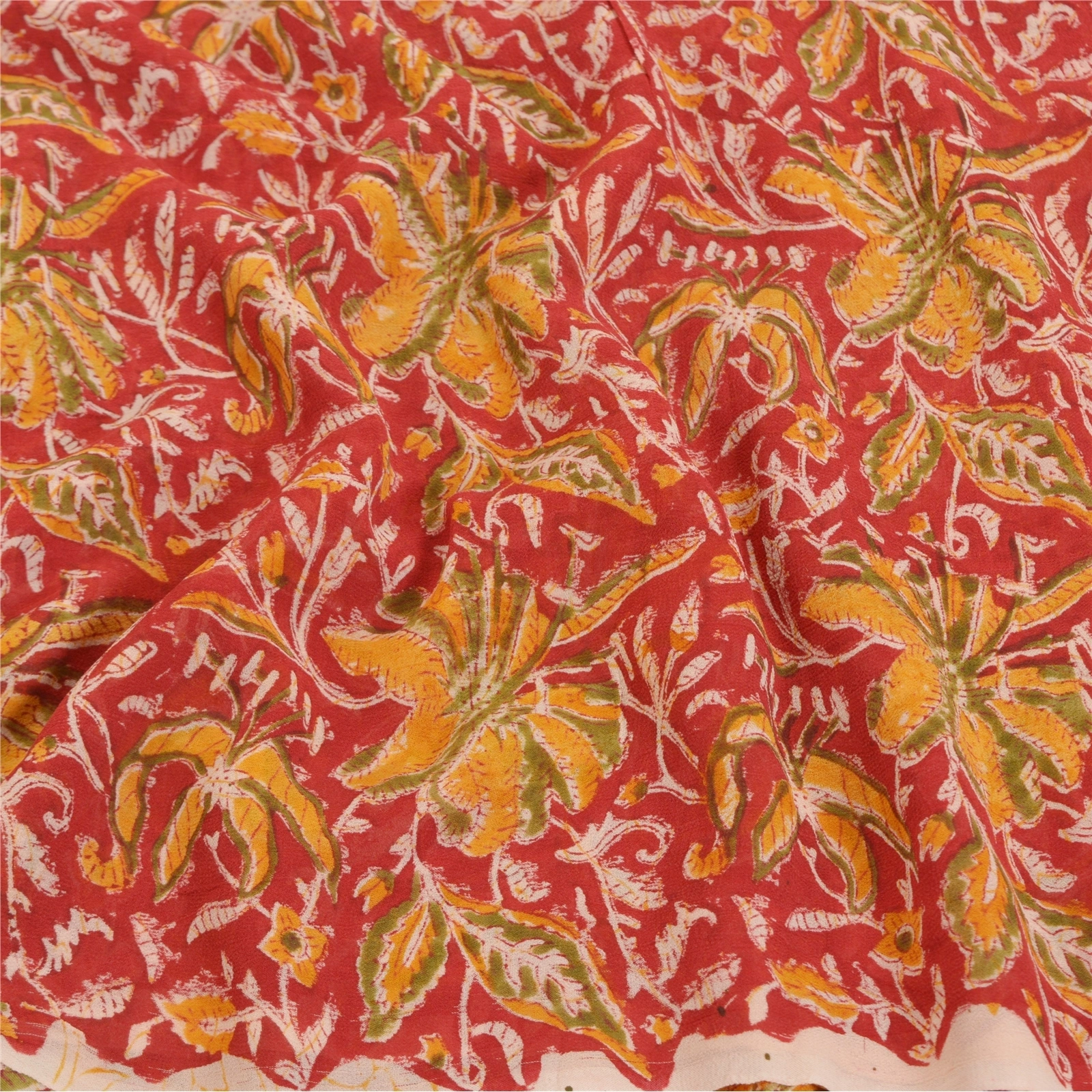 Sanskriti Vintage Red Saree Blend Georgette Indian Printed Sari 5Yd Craft Fabric, PRG-8181-Red-Printed Floral Design-Blend Georgette-6