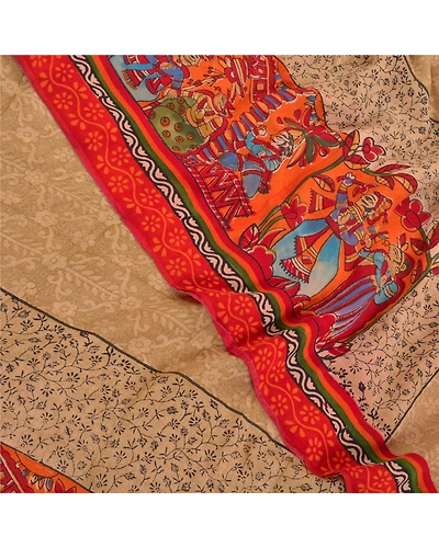 Sanskriti Vintage Brown Sarees Pure Georgette Silk Human Printed Sari 5Yd Fabric, PRG-8184-Brown-Printed Floral Design-Pure Georgette Silk-1