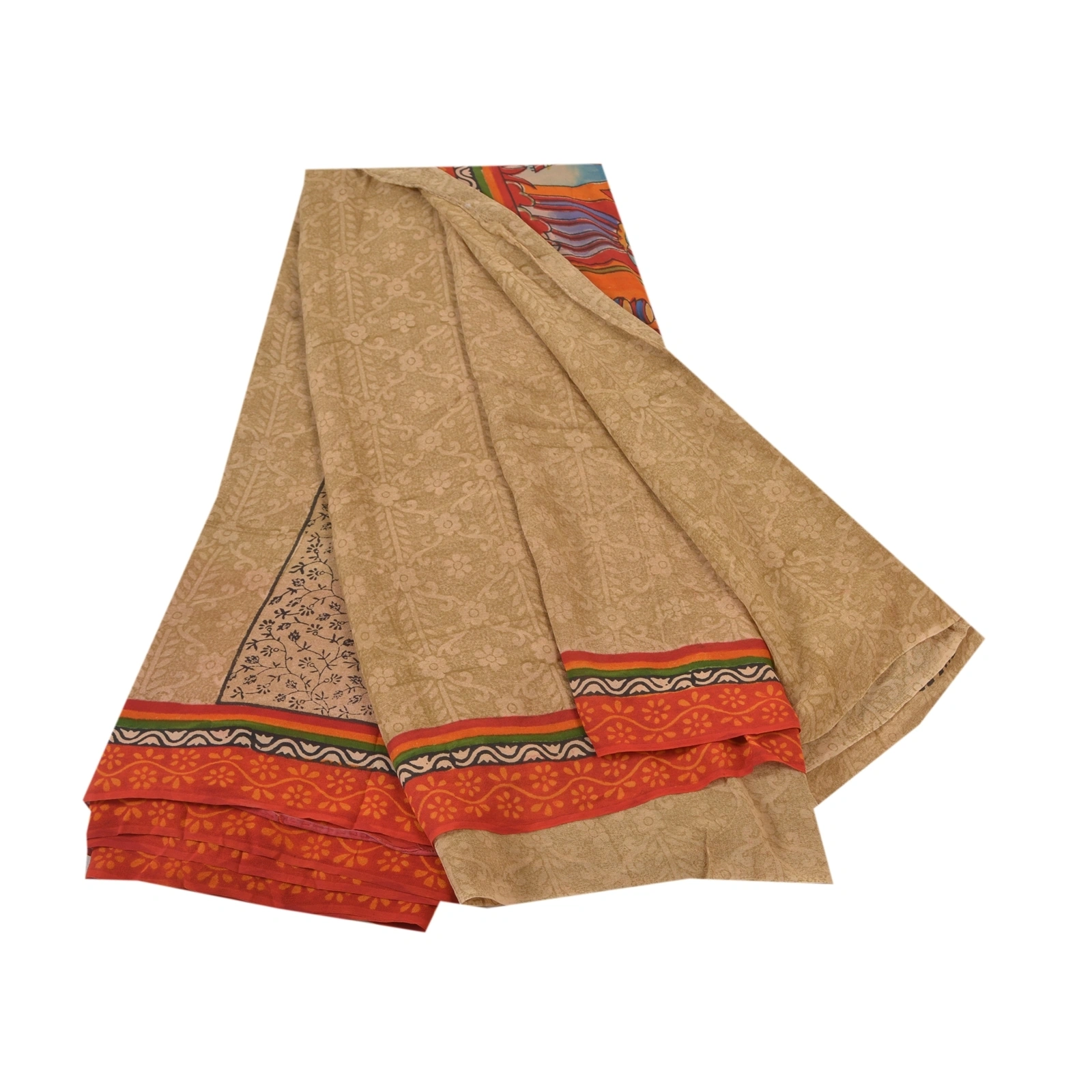 Sanskriti Vintage Brown Sarees Pure Georgette Silk Human Printed Sari 5Yd Fabric, PRG-8184-Brown-Printed Floral Design-Pure Georgette Silk-2