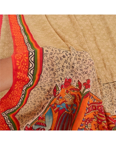 Sanskriti Vintage Brown Sarees Pure Georgette Silk Human Printed Sari 5Yd Fabric, PRG-8184-Brown-Printed Floral Design-Pure Georgette Silk-4