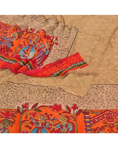 Sanskriti Vintage Brown Sarees Pure Georgette Silk Human Printed Sari 5Yd Fabric, PRG-8184-Brown-Printed Floral Design-Pure Georgette Silk-7