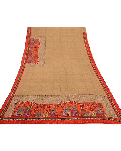 Sanskriti Vintage Brown Sarees Pure Georgette Silk Human Printed Sari 5Yd Fabric, PRG-8184-Brown-Printed Floral Design-Pure Georgette Silk-8