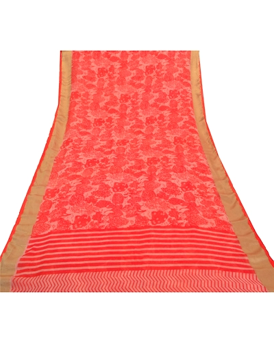 Sanskriti Vintage Red Saree Blend Georgette Printed Sari 5 Yard Craft Fabric, PRG-8187-Red-Printed Floral Design-Blend Georgette-8