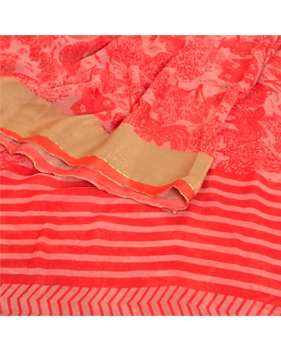 Sanskriti Vintage Red Saree Blend Georgette Printed Sari 5 Yard Craft Fabric, PRG-8187-Red-Printed Floral Design-Blend Georgette-9