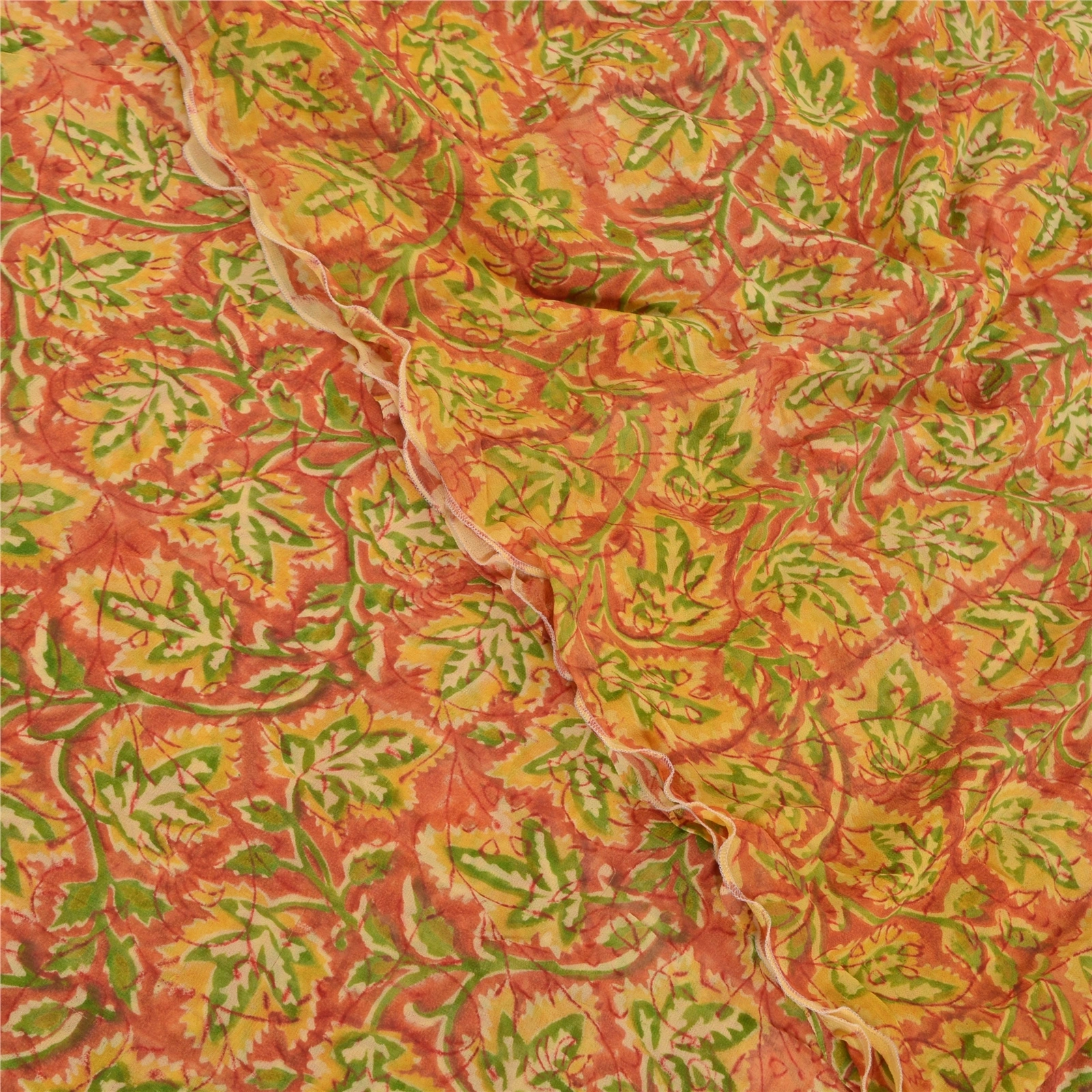 Sanskriti Vintage Orange Saree Blend Georgette Printed Sari 5 Yard Craft Fabric, PRG-8247-Orange-Printed Floral Design-Blend Georgette-1