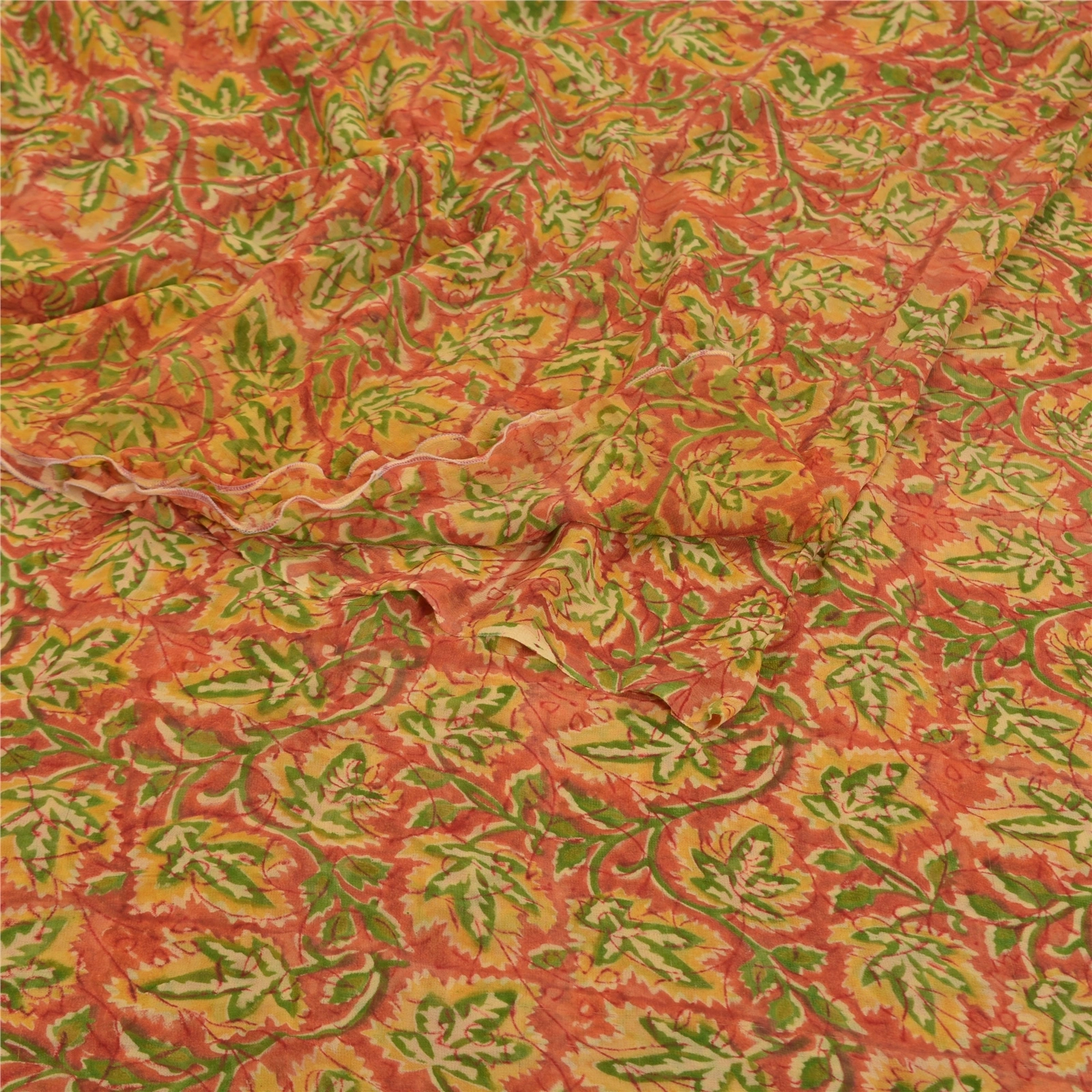 Sanskriti Vintage Orange Saree Blend Georgette Printed Sari 5 Yard Craft Fabric, PRG-8247-Orange-Printed Floral Design-Blend Georgette-7