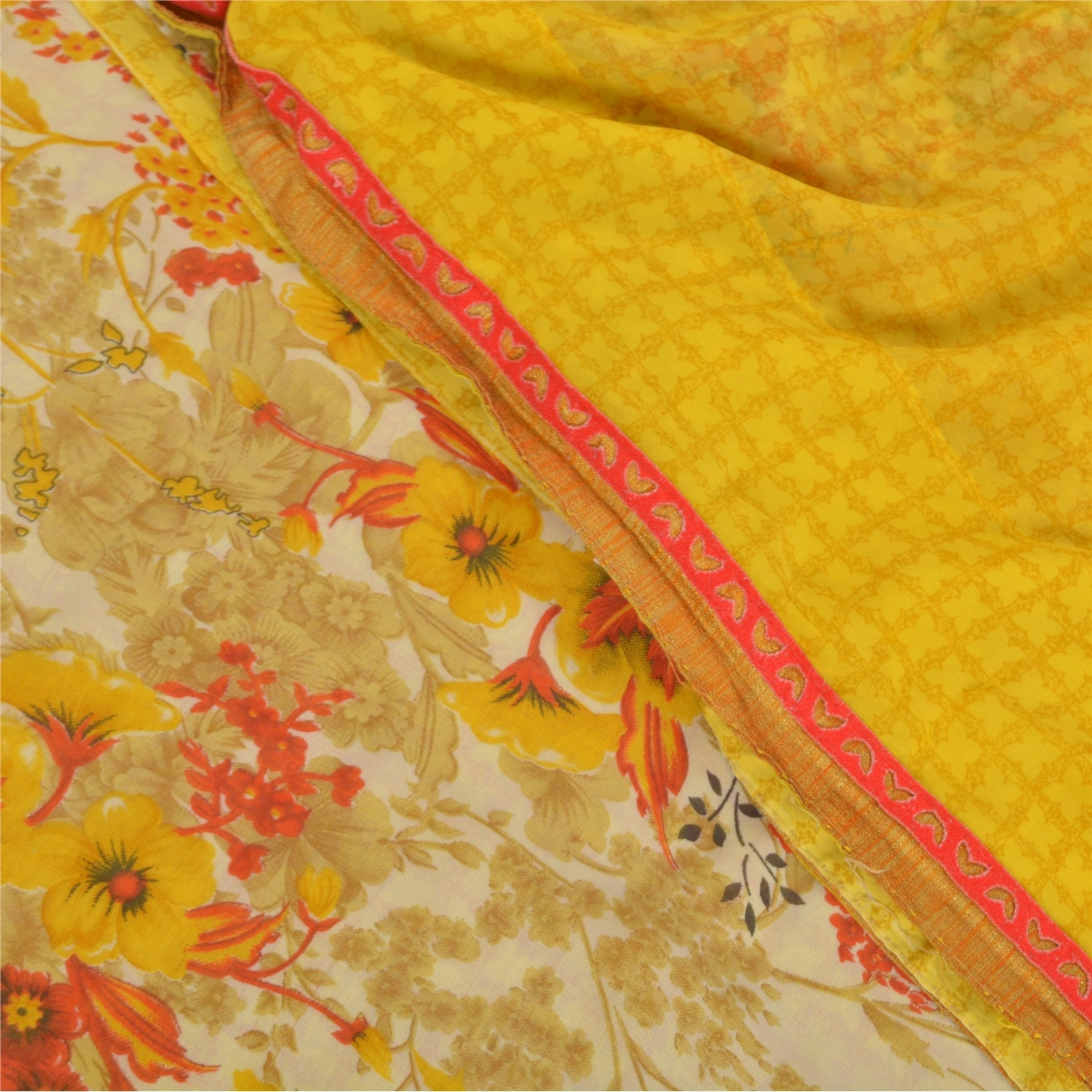 Sanskriti Vintage Yellow Sarees Georgette Printed Sari Floral Soft Craft Fabric, PRG-8275-Yellow-Printed Floral Design-Georgette-1