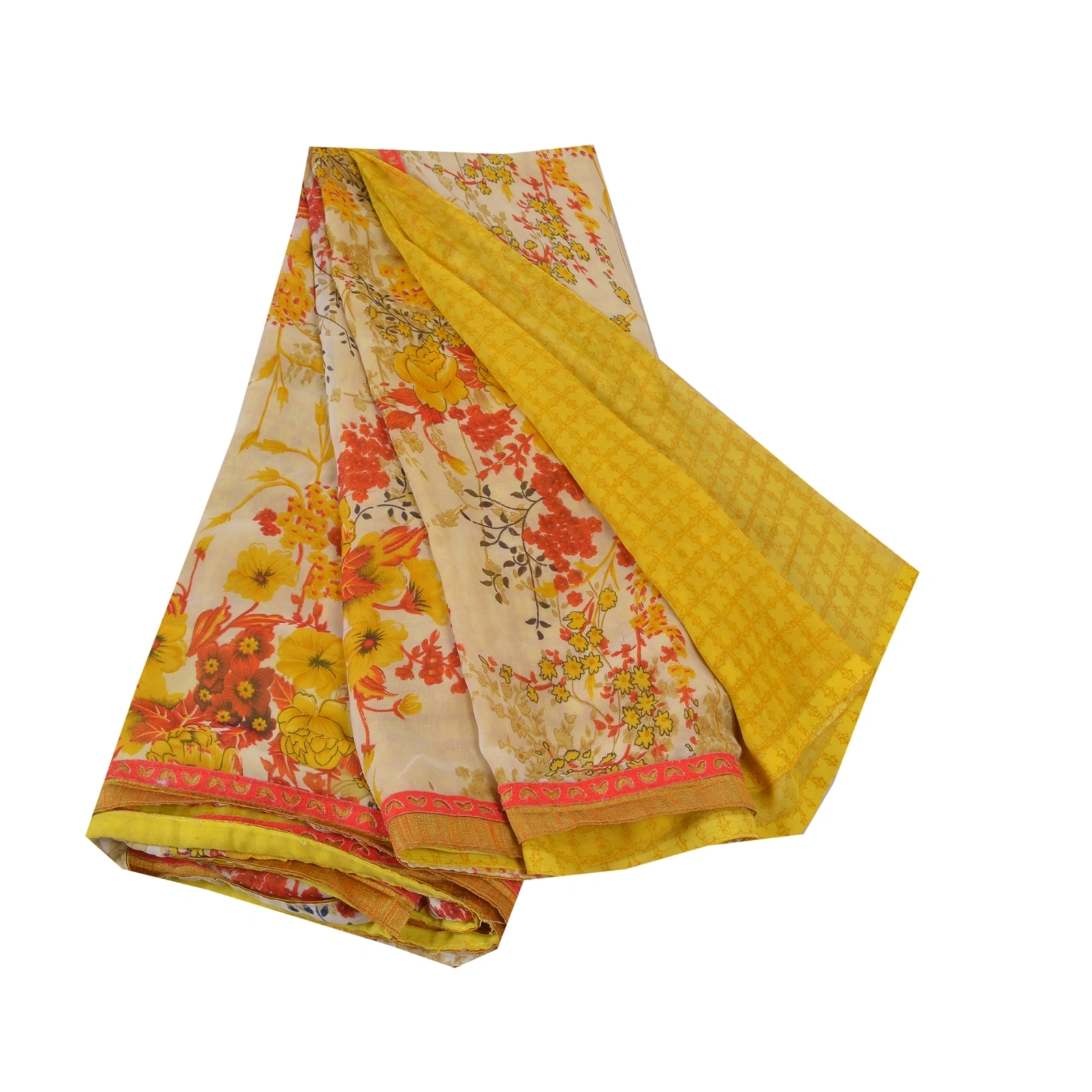 Sanskriti Vintage Yellow Sarees Georgette Printed Sari Floral Soft Craft Fabric, PRG-8275-Yellow-Printed Floral Design-Georgette-2