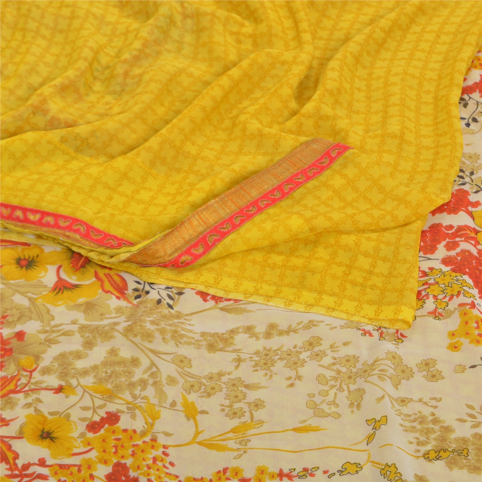 Sanskriti Vintage Yellow Sarees Georgette Printed Sari Floral Soft Craft Fabric, PRG-8275-Yellow-Printed Floral Design-Georgette-7