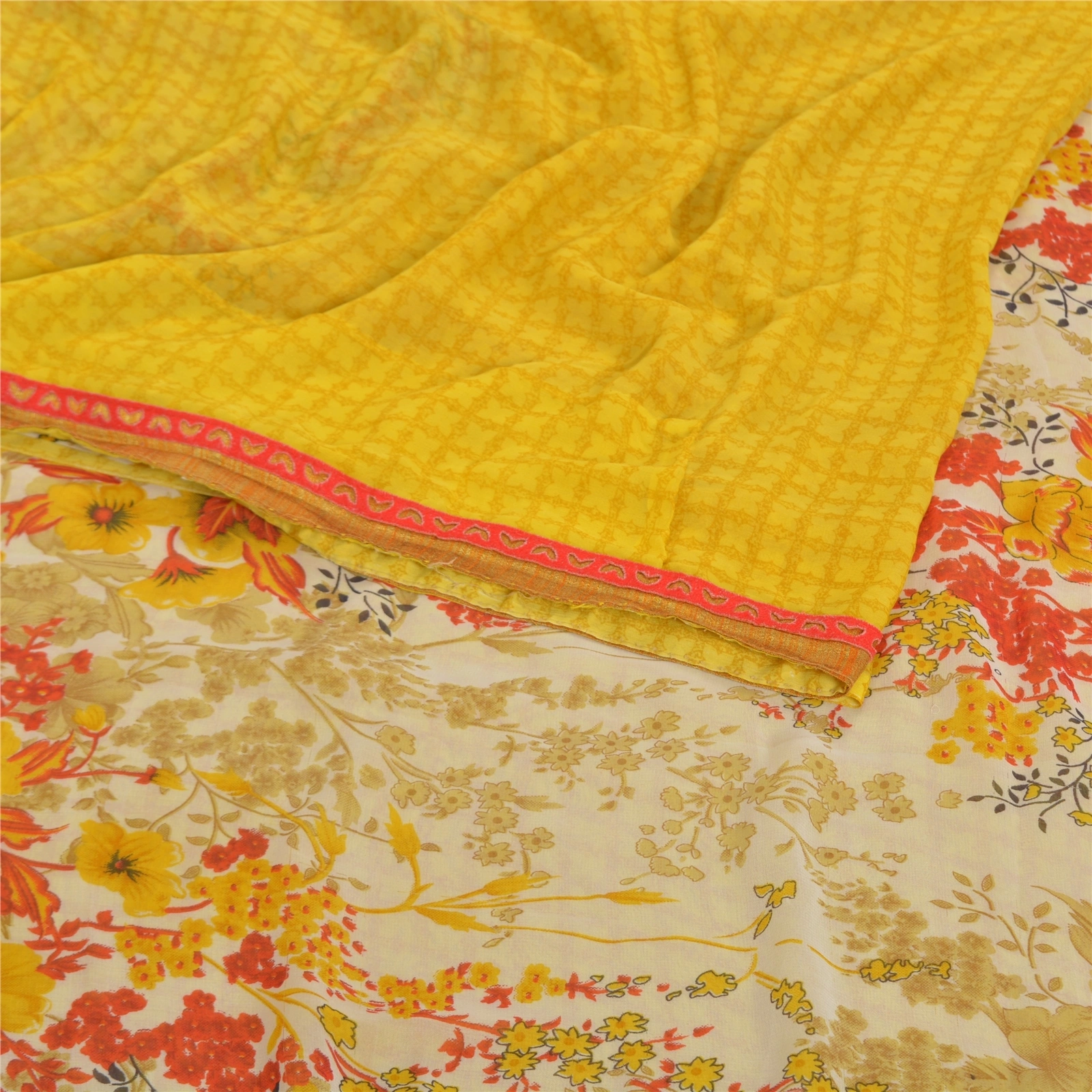 Sanskriti Vintage Yellow Sarees Georgette Printed Sari Floral Soft Craft Fabric, PRG-8275-Yellow-Printed Floral Design-Georgette-9