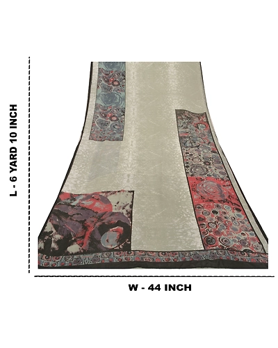 Sanskriti Vintage Gray Indian Saree Georgette Printed Sari 5 Yard Craft Fabric, PRG-8283-Gray-Printed Floral Design-Georgette-3