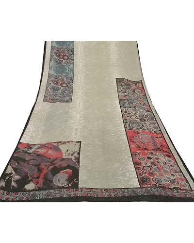Sanskriti Vintage Gray Indian Saree Georgette Printed Sari 5 Yard Craft Fabric, PRG-8283-Gray-Printed Floral Design-Georgette-8