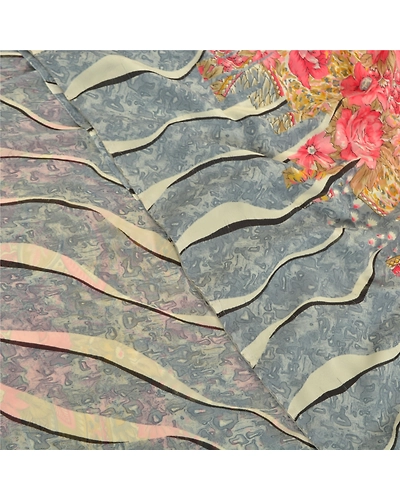 Sanskriti Vintage Gray Saree Georgette Printed Sari 5 Yard Floral Craft Fabric, PRG-8287-Gray-Printed Floral Design-Georgette-1