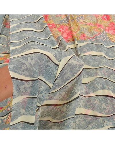 Sanskriti Vintage Gray Saree Georgette Printed Sari 5 Yard Floral Craft Fabric, PRG-8287-Gray-Printed Floral Design-Georgette-4