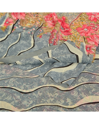 Sanskriti Vintage Gray Saree Georgette Printed Sari 5 Yard Floral Craft Fabric, PRG-8287-Gray-Printed Floral Design-Georgette-7