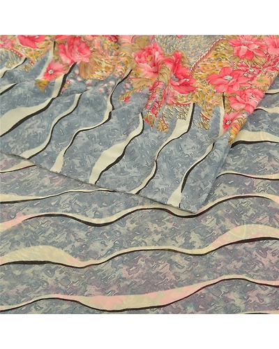 Sanskriti Vintage Gray Saree Georgette Printed Sari 5 Yard Floral Craft Fabric, PRG-8287-Gray-Printed Floral Design-Georgette-9