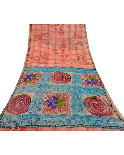 Sanskriti Vintage Red Saree Blend Georgette Printed Sari 5 Yard Craft Fabric, PRG-8289-Red-Printed Floral Design-Blend Georgette-8