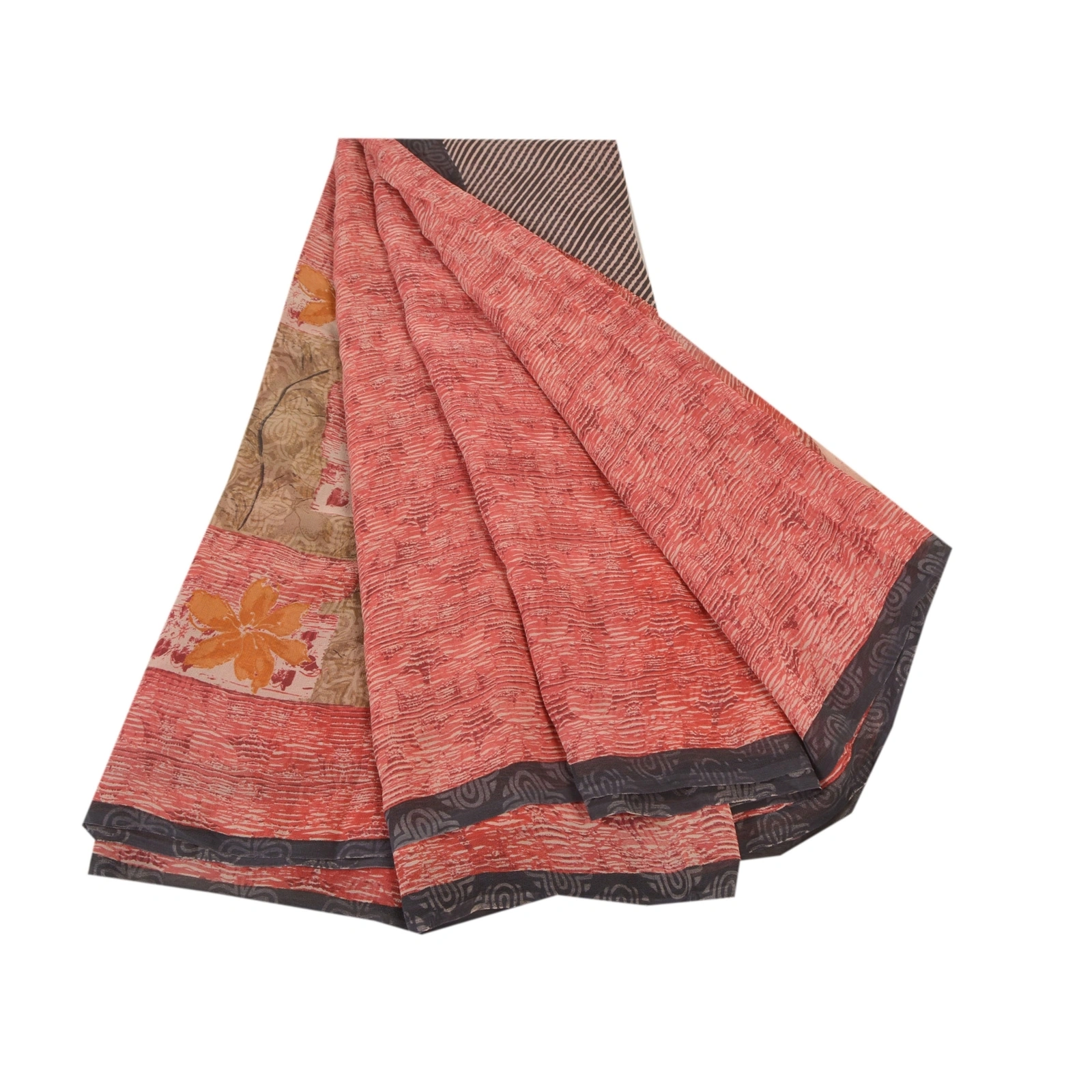 Sanskriti Vintage Red Sarees Pure Georgette Silk Printed Sari 5Yd Craft Fabric, PRG-8502-Red-Printed Floral Design-Pure Georgette Silk-2