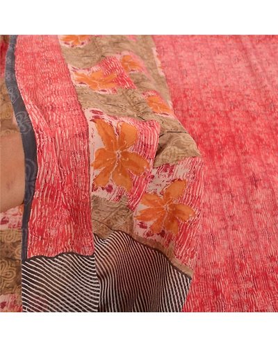 Sanskriti Vintage Red Sarees Pure Georgette Silk Printed Sari 5Yd Craft Fabric, PRG-8502-Red-Printed Floral Design-Pure Georgette Silk-4