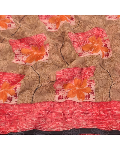 Sanskriti Vintage Red Sarees Pure Georgette Silk Printed Sari 5Yd Craft Fabric, PRG-8502-Red-Printed Floral Design-Pure Georgette Silk-6