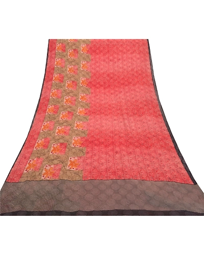 Sanskriti Vintage Red Sarees Pure Georgette Silk Printed Sari 5Yd Craft Fabric, PRG-8502-Red-Printed Floral Design-Pure Georgette Silk-8