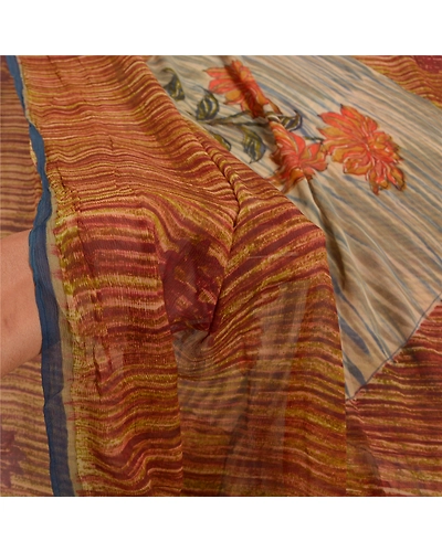Sanskriti Vintage Brown Sarees Pure Chiffon Silk Printed Sari 5Yd Craft Fabric, PRG-8565-Brown-Printed Floral Design-Pure Chiffon Silk-4