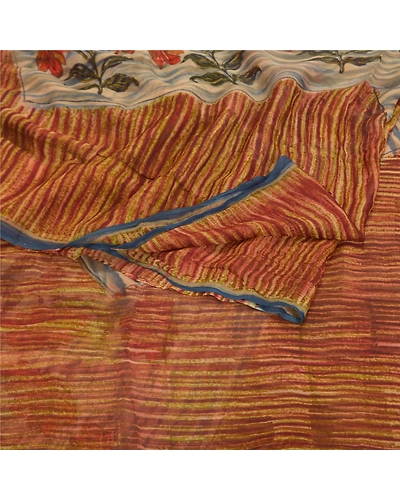 Sanskriti Vintage Brown Sarees Pure Chiffon Silk Printed Sari 5Yd Craft Fabric, PRG-8565-Brown-Printed Floral Design-Pure Chiffon Silk-7