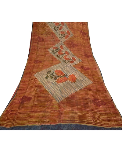Sanskriti Vintage Brown Sarees Pure Chiffon Silk Printed Sari 5Yd Craft Fabric, PRG-8565-Brown-Printed Floral Design-Pure Chiffon Silk-8