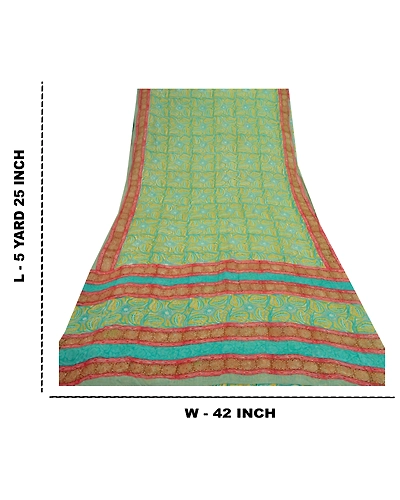 Sanskriti Vintage Green Saree Blend Georgette Printed Sari 5 Yard Craft Fabric, PRG-8569-Green-Printed Floral Design-Blend Georgette-3