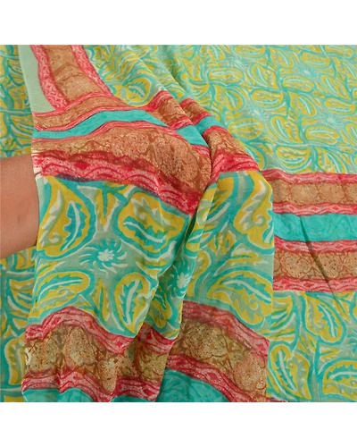 Sanskriti Vintage Green Saree Blend Georgette Printed Sari 5 Yard Craft Fabric, PRG-8569-Green-Printed Floral Design-Blend Georgette-4