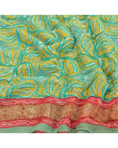 Sanskriti Vintage Green Saree Blend Georgette Printed Sari 5 Yard Craft Fabric, PRG-8569-Green-Printed Floral Design-Blend Georgette-6