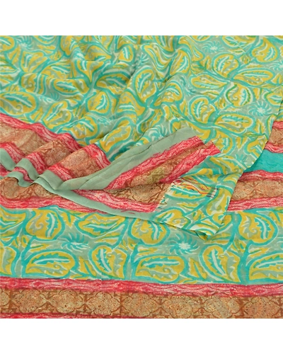 Sanskriti Vintage Green Saree Blend Georgette Printed Sari 5 Yard Craft Fabric, PRG-8569-Green-Printed Floral Design-Blend Georgette-7