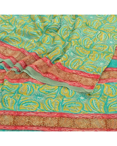 Sanskriti Vintage Green Saree Blend Georgette Printed Sari 5 Yard Craft Fabric, PRG-8569-Green-Printed Floral Design-Blend Georgette-9