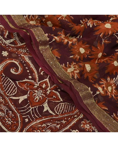 Sanskriti Vintage Purple Saree Blend Georgette Printed Sparkle Sari Craft Fabric, PRG-8643-Purple-Printed Floral Design-Blend Georgette-1