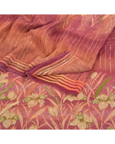 Sanskriti Vintage Purple Sarees Pure Georgette Silk Printed Sari Sewing Fabric, PRG-8665-Purple-Printed Floral Design-Pure Georgette Silk-7
