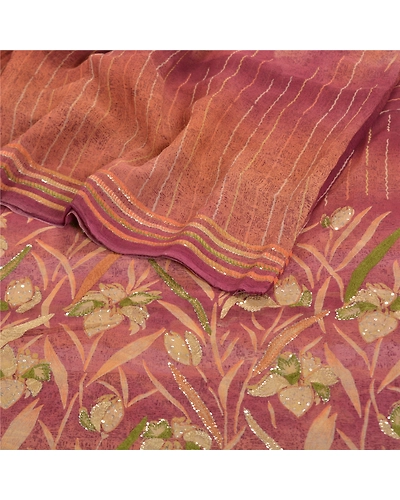 Sanskriti Vintage Purple Sarees Pure Georgette Silk Printed Sari Sewing Fabric, PRG-8665-Purple-Printed Floral Design-Pure Georgette Silk-9